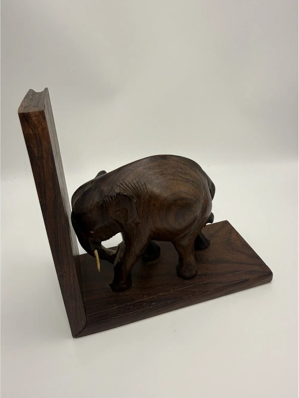 Vintage Hand Carved Wood Elephant Bookend Burl wood w/tusks